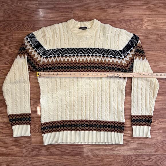 Vintage 90s JCPenney Fair Isle Sweater XL Tall Cream Cable Knit Grandpa Pullover - Picture 5 of 7